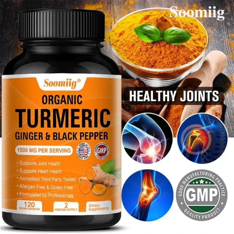 Organic Turmeric High Strength 1500 Mg | 120 Capsules with Black Pepper, Ginger and Active Curcumin Joints Heart Cognition