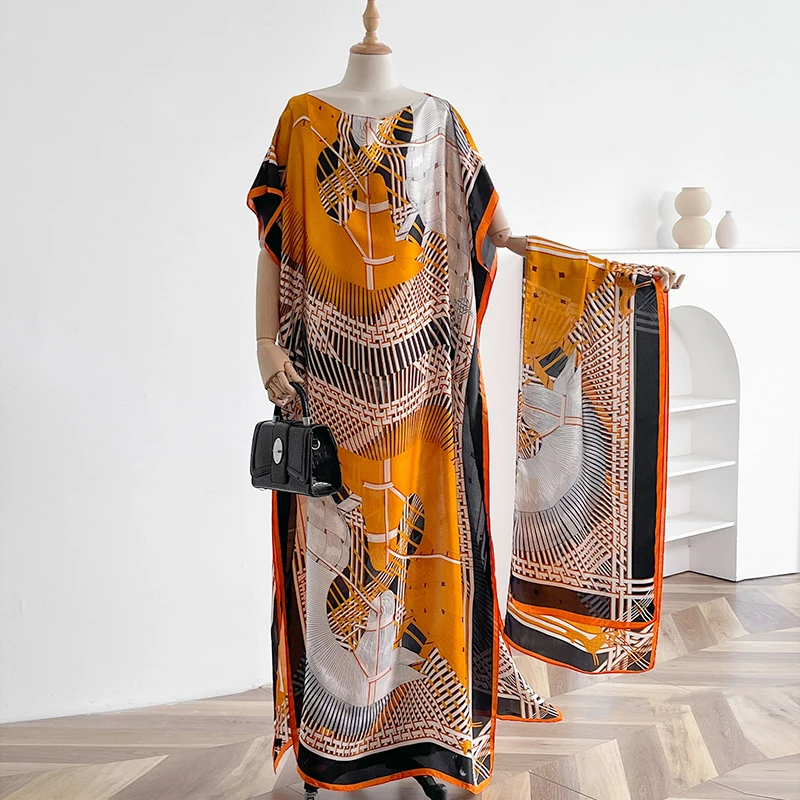 Summer New Fashion African Dresses For Women Elegant Printed Silk Muslim Lady Long Hijab Kaftan Dress Oversize Kuwait Abaya