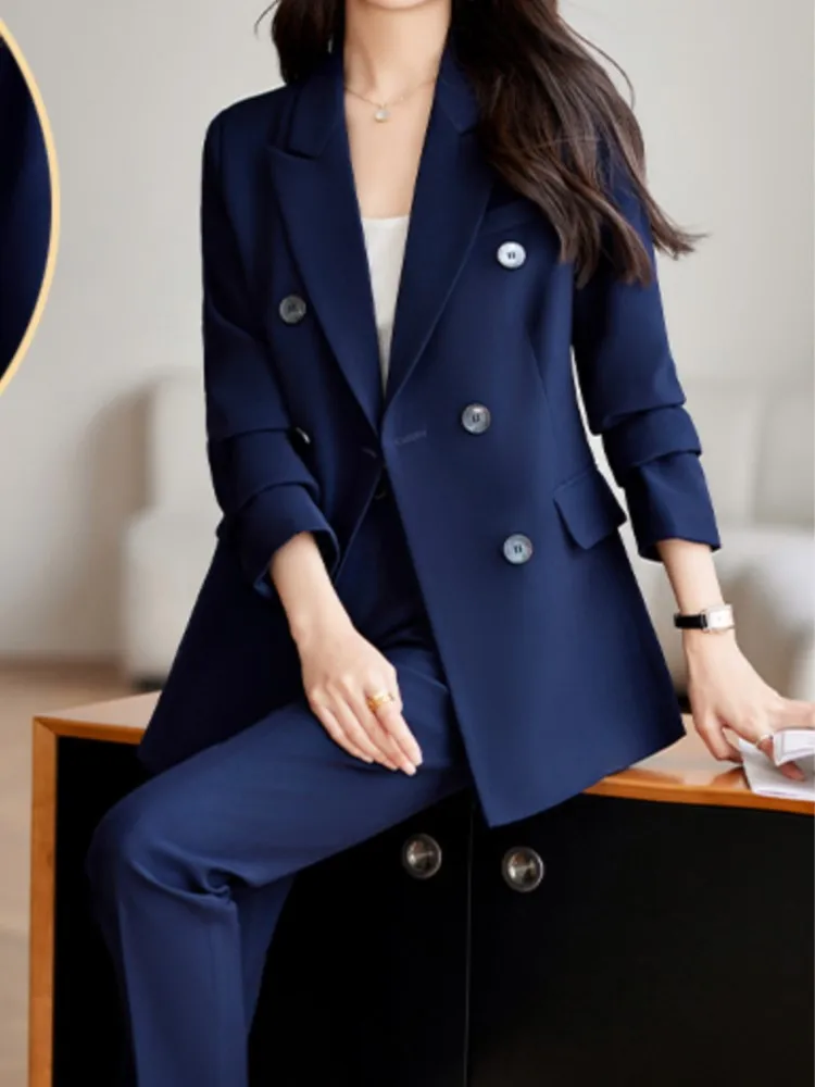 Women Fashion Korean Casual Solid Pantsuit Office Slim Vintage Elegant Business Two Pieces Set Female Chic Outfits Clothes