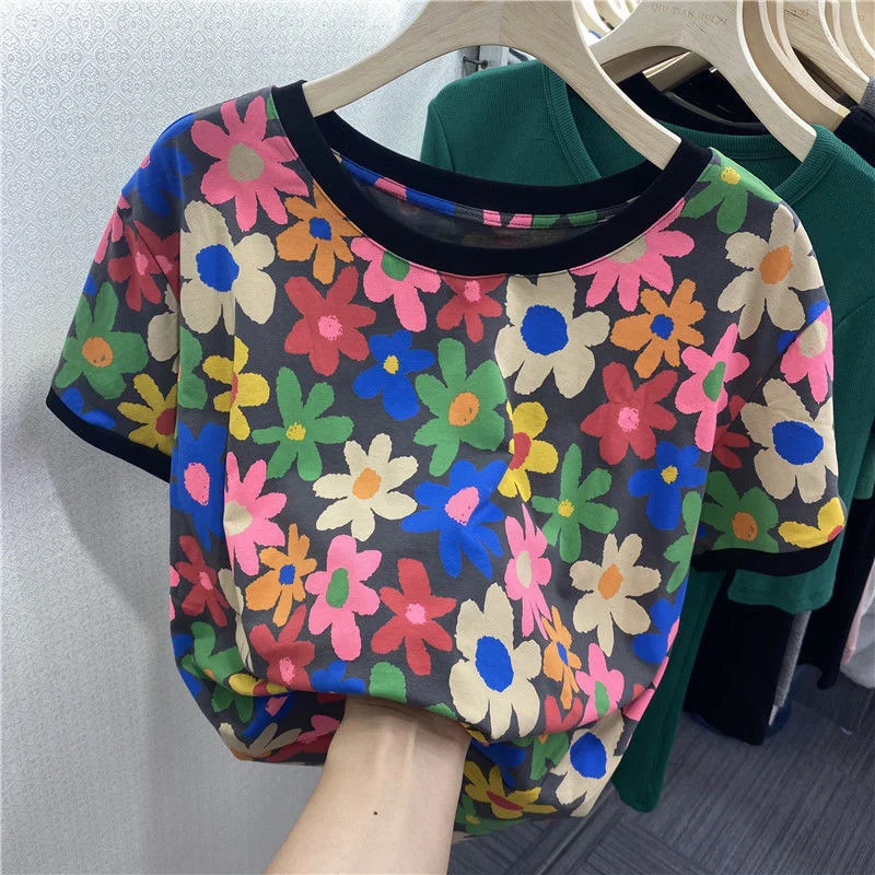 

2022 New Korean Fashion Summer Fashion Casual Circle Collar Printing Personality Retro Trend Short Sleeve T Shirt Women Sweater