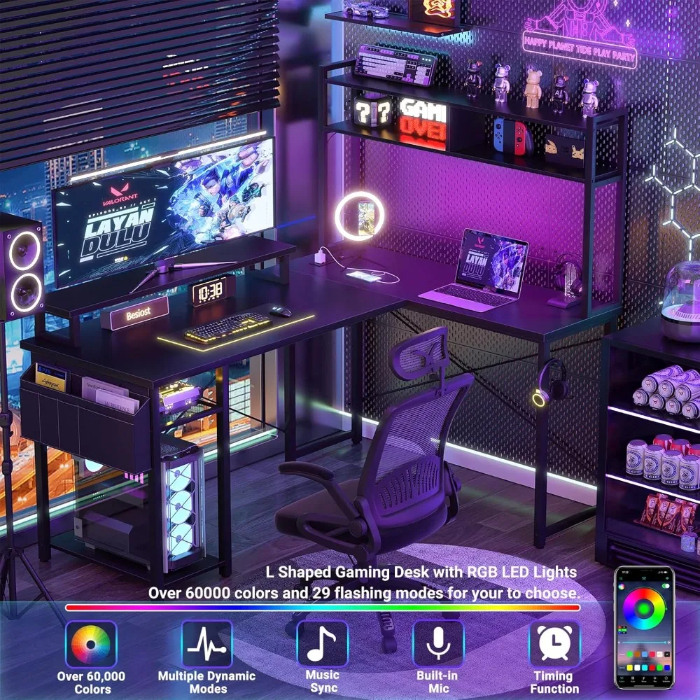 48" L-Shaped Gaming Desk with LED Lights, Power Outlets & Storage - Reversible Corner Desk for Home Office