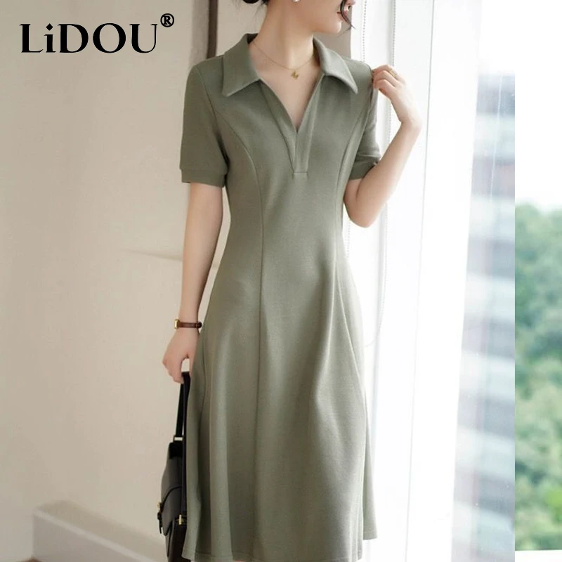 

Summer Fashion High Street POLO Collar Midi Dress Women V-neck Short Sleeve Slim French Style A-line Dresses Solid Color Robe