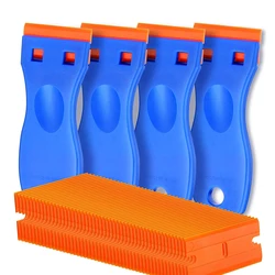 4Pcs Plastic Razor Blade Scraper And 100Pcs Blades Remove Label Decal Tool Car Glass Windows Tile Desktop Cleaning Tool