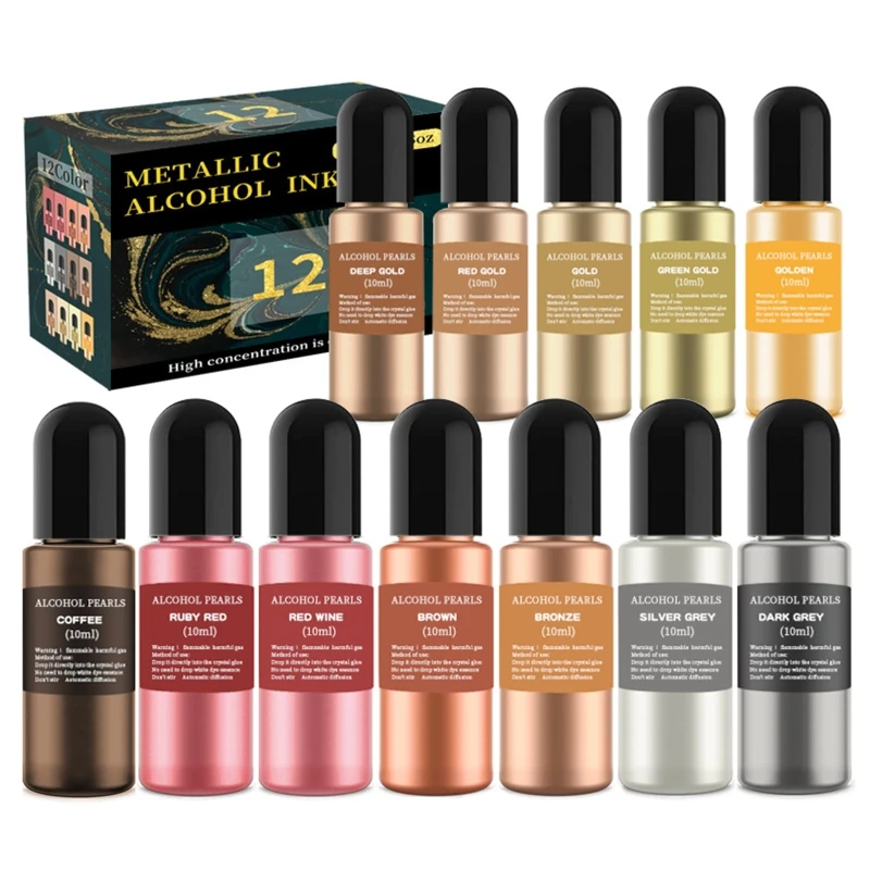 12 Colors Metallic Alcohol Ink Set Concentrated Extreme Shimmer Alcohol-Based Inks Epoxy Resin Acrylic Pouring Paint dropshi epoxy resin pigment acrylic paint pigment