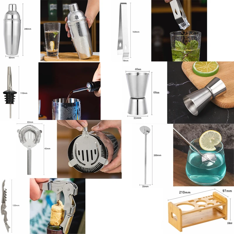 1-10Pcs/Set 750ml 750/600ml Cocktail Shaker Shakers With Wood Stand Bartender Bar Tools