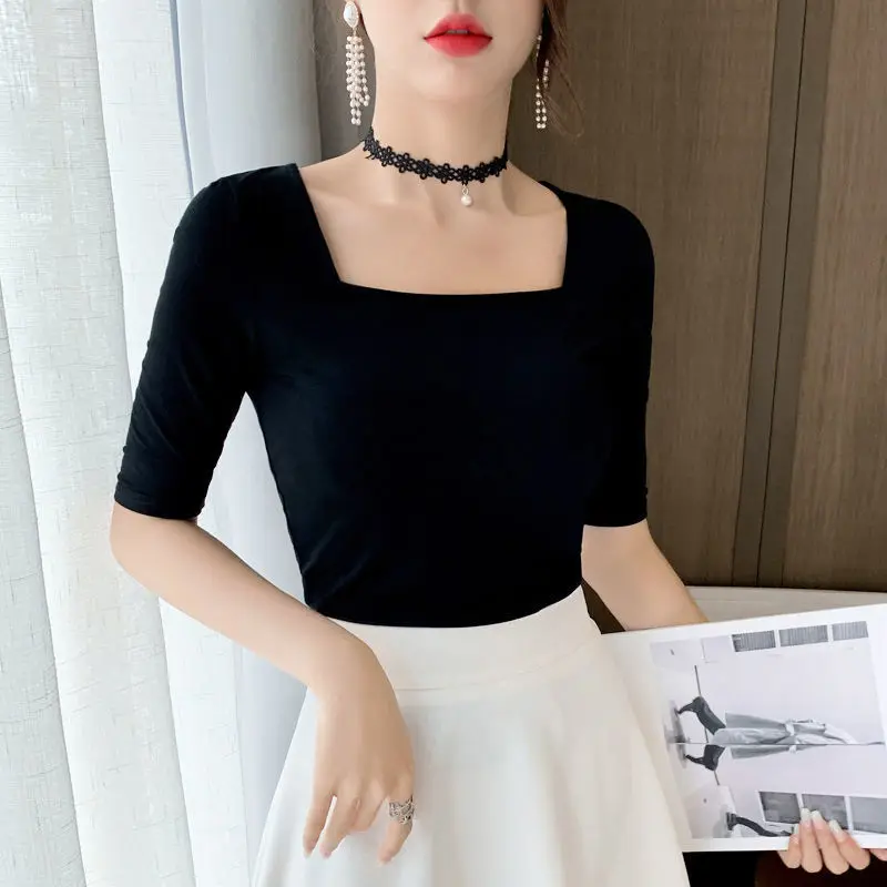 Women\'s Black Elegant Square Neck Short Sleeve T Shirt 2021 Summer Vintage Solid Color Tees Casual Streetwear Tshirt Tops
