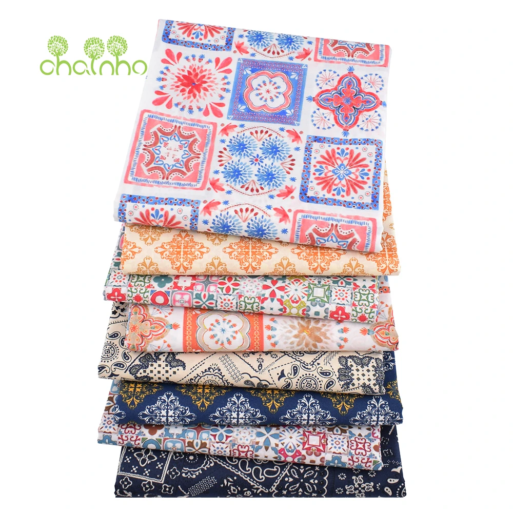 Chainho,Printed Plain Weave Poplin Cotton Fabric,DIY Sewing Quilting Material,Patchwork Cloth,Floral Series,3 Sizes,15PC160