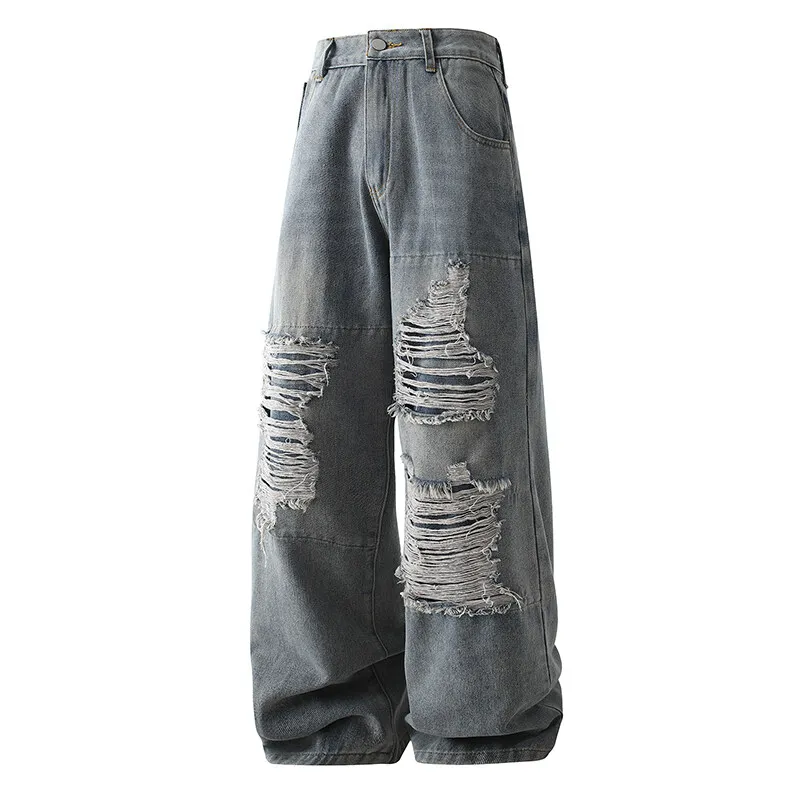 Punk Style Trend Fashion Ripped Jeans Straight leg jeans wide leg pants Hip Hop Clothing