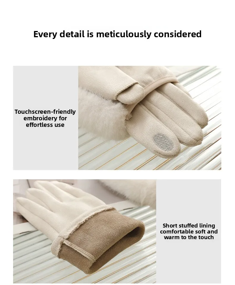 Women's autumn and winter rabbit fur gloves plus velvet thickened windproof and warm riding cold-proof touch screen suede gloves