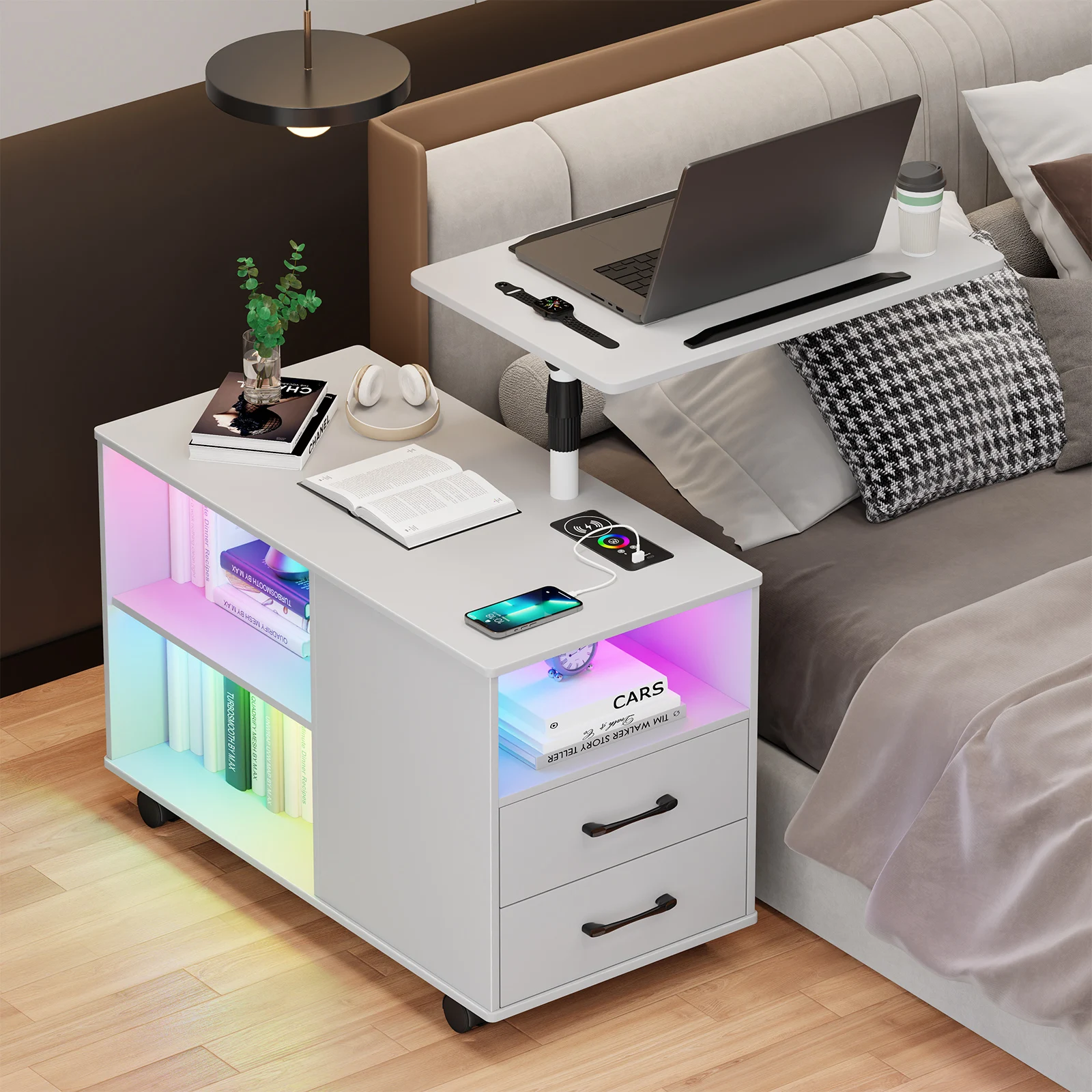 JDPAG Nightstand with Wireless Charging Station and Auto Senor,RGB Bedside Table with 360&deg; Adjustable Rotary Table