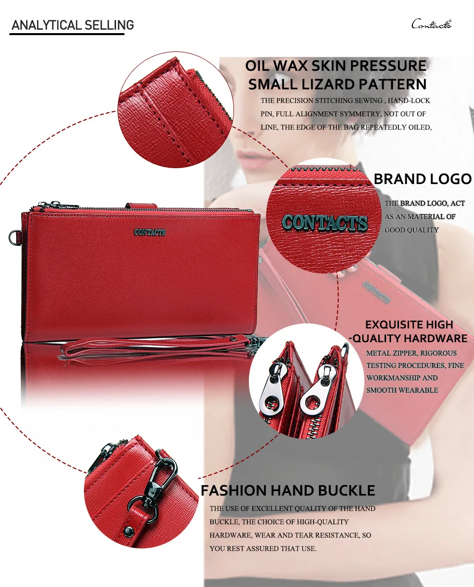 Women's Wallet Casual Long 3 Fold Large Capacity Genuine Cow Leather Phone Pocket Clutch Bag Hasp Coin Purse with Waist Strap