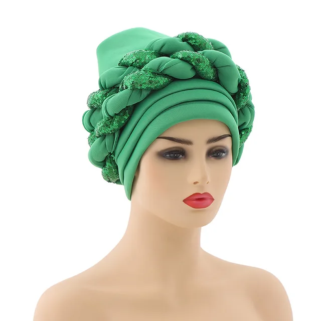 Turbans for Women Pleated Beanie Headwrap African Hat Arab Wrap Muslim Scarf Hijabs Hair Aso Oke Auto Gele Readymade to Wear Cap 019