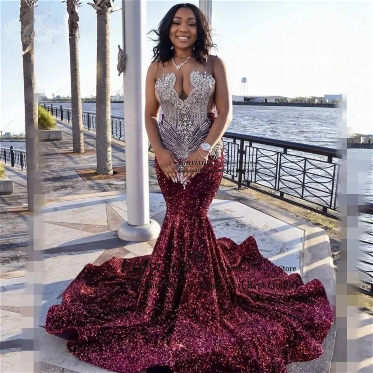 

Блестящие красные платья для выпускного вечера с юбкой-годе для африканских черных девушек, блестящие вечерние платья со шлейфом