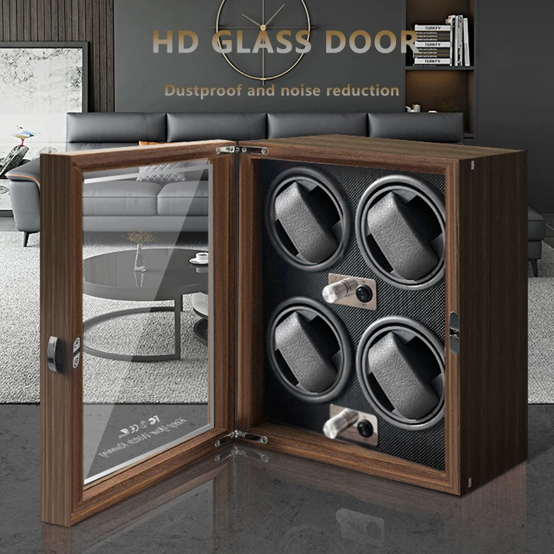 Automatic 4-Slot Watch Winder Box with Blue LED Light, Black Walnut, Red and Carbon Fib... - SKU LAWW1128 - UGI Packaging