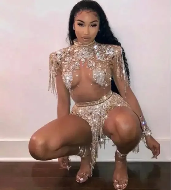 

Sparkly Rhinestones Chains Fringes Outfit Nightclub Party Wear See Through Costume Shining Big Crystals Mesh Sexy Bodysuit