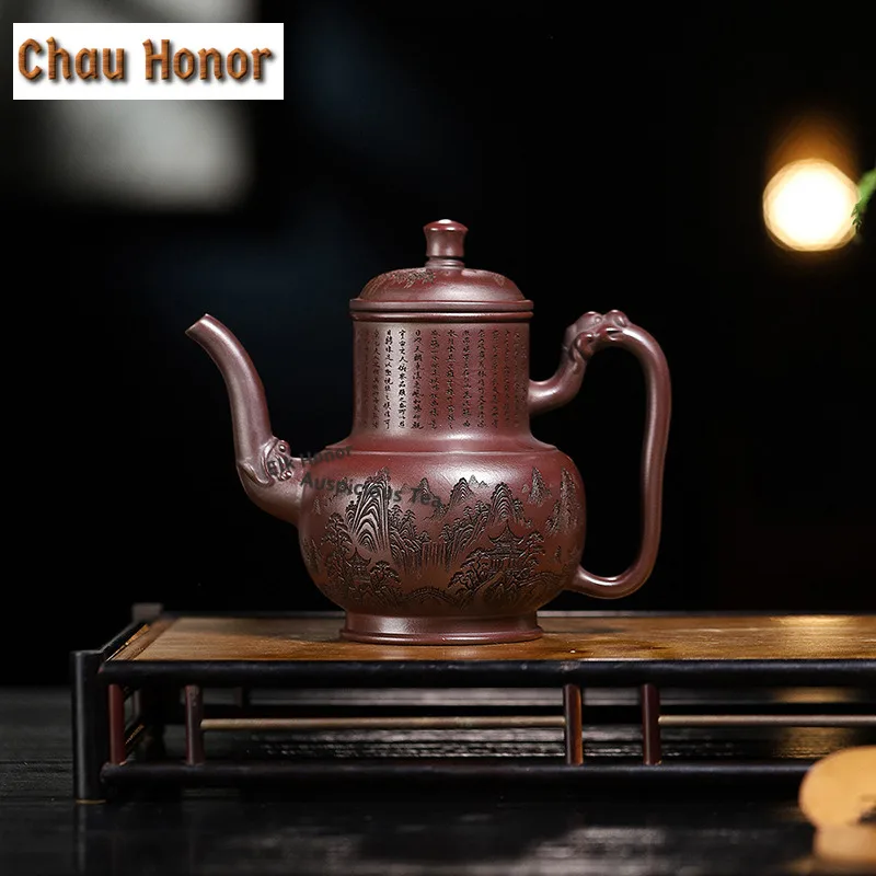 470ml Authentic Yixing Purple Clay Teapots Handmade Large Capacity Engraved Pot Raw Ore Mud Kettle Zisha Tea Set Collection
