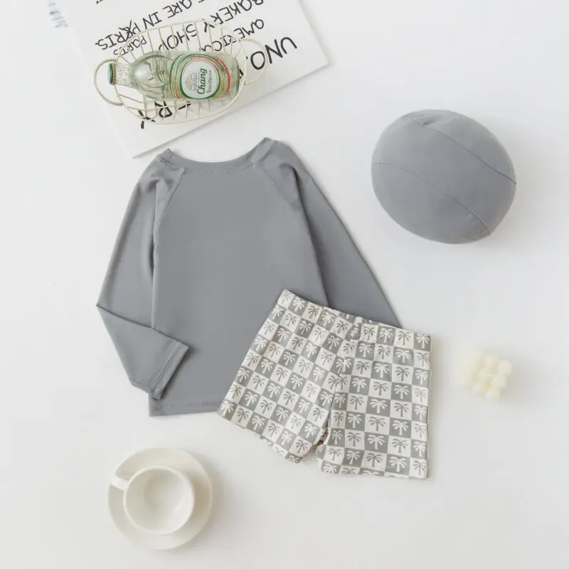 Boys Swimsuit Long Sleeve Separates Swimming Cap Set Gray Coconut Tree