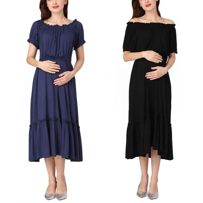 

New Summer Maternity One Shoulder Dress Clothes for Pregnant Women Short Sleeve off Shoulder Pregnancy Dress Long Dresses