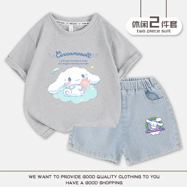 Sanrio Anime Kawaii Cinnamoroll Girls Clothes Set Short Sleeve T-Shirts Denim Shorts Cute Cartoon Kids Half Sleeve Top Gift