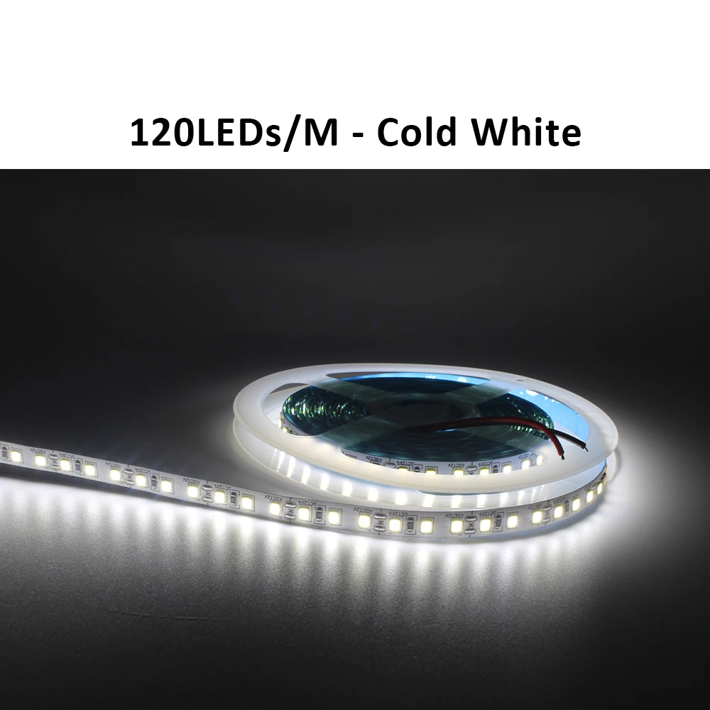 Striscia LED 5m 12V Bianco Freddo 6000K SMD2835 120LED/m – Autoadesiva, Tagliabile, Larghezza 8mm – Per Cucina, Camera, TV (Senza Alimentatore)