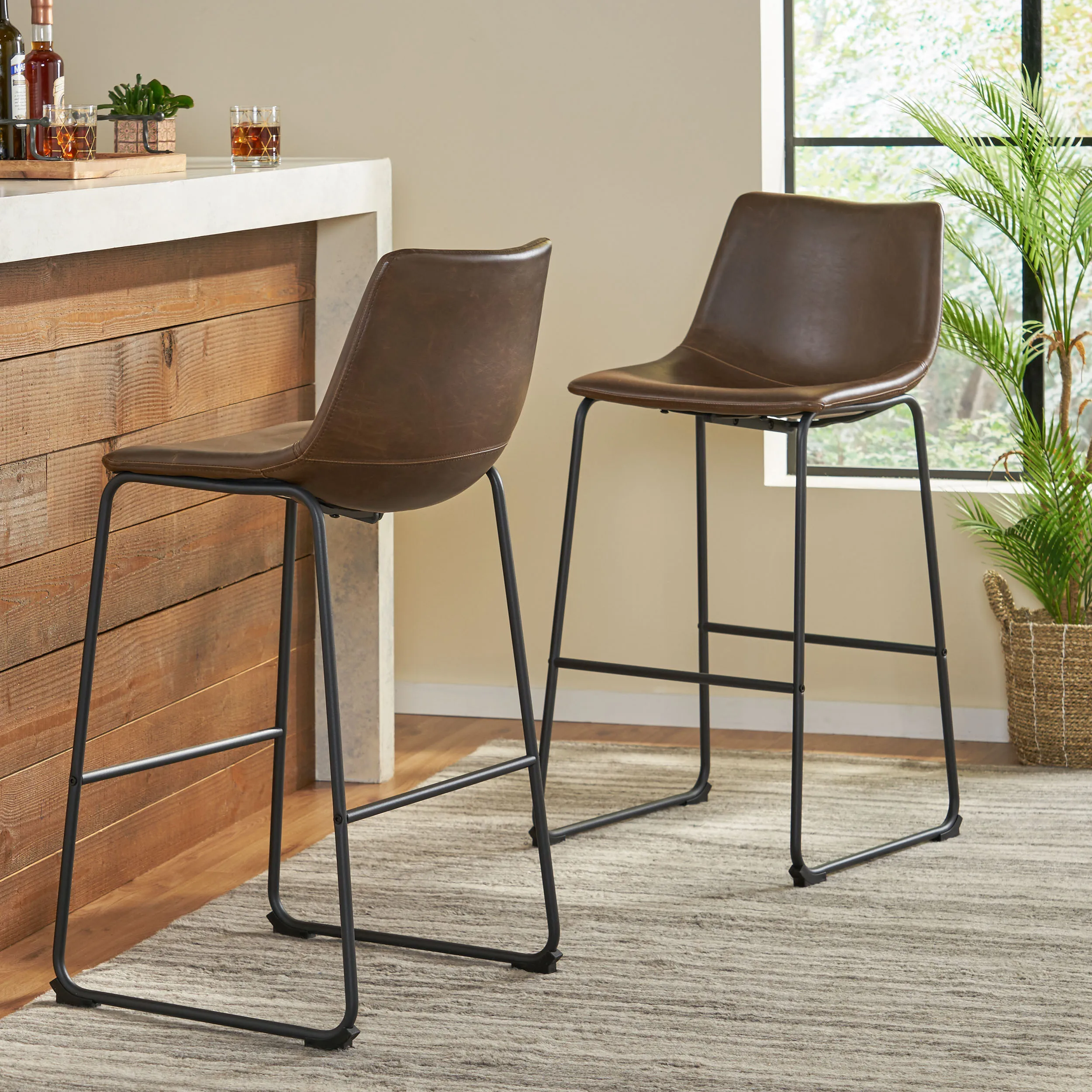 Two-piece，30-Inch Cedric Faux Leather Bar Stool in Vintage Brown
