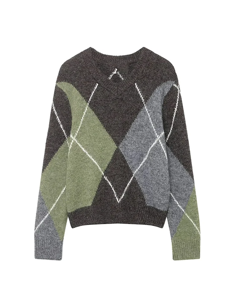  Women's Chic Argyle knitted Sweater V-Neck Long Sleeves Pullover Vintage Casual Knitwear Autumn Winter Fashion Knit Tops