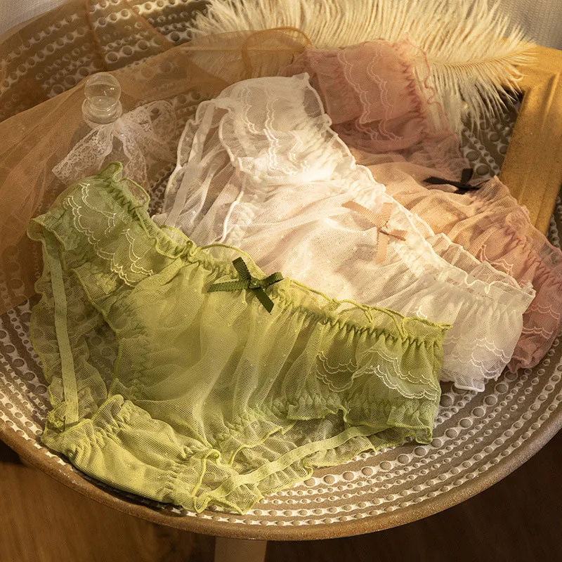 New Women's Underwear Japanese Style Cute Polka Dot Mid-Waist Mesh Lace Briefs Cotton crotch Sexy Large Size Female Bow Lingerie