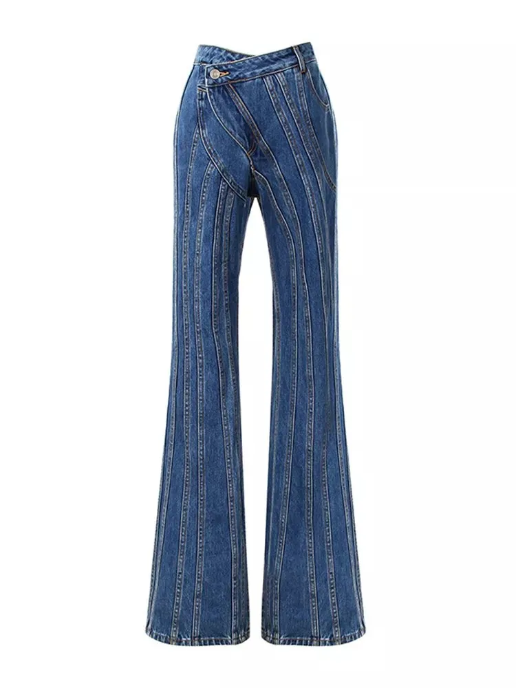 BPN Striped Denim Pants For Women High Waist Asymmetrical Patchwork Pocket Chic Solid Straight Trousers Female Fashion Clothing
