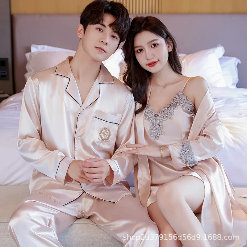 Cotton Pajama Set Spring Autumn Couples Pajamas Set Cute Rayon Women Robe Sets Men Satin Sleepwear Pyjamas Suit Home Clothing Sleep