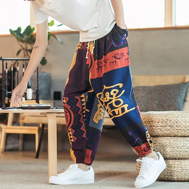 Men Printed Harem Pants 2024 New Cotton Linen Drawstring Trousers Streetwear Hip Hop Fitting Jogging Loose Casual Wide Leg Pants