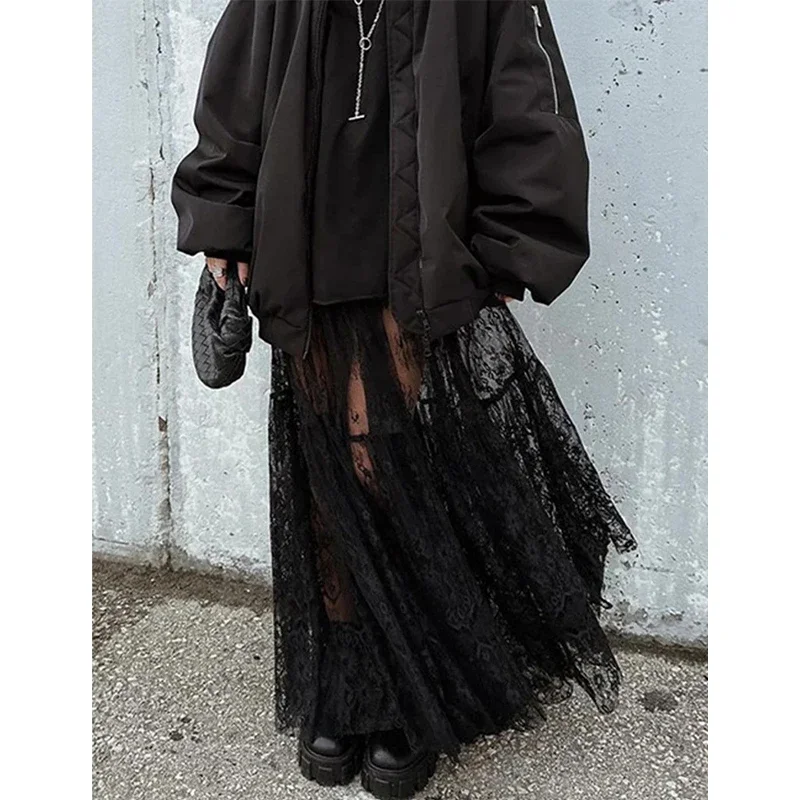 Black Women's Sexy Maxi Lace Skirts Fashion Hollow Out Solid