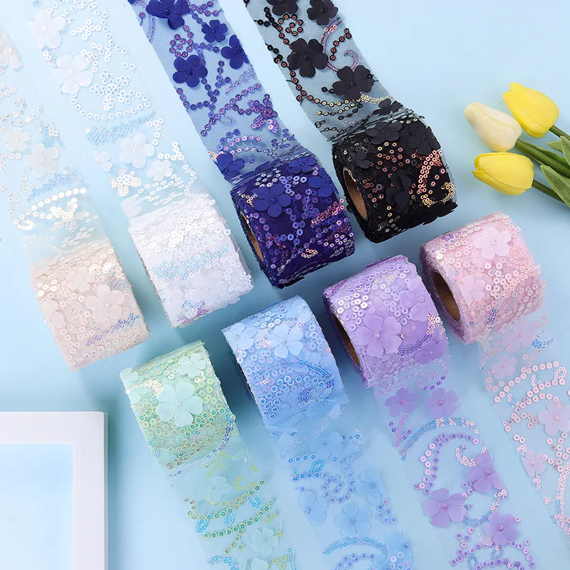 Sequins Decoration Trims Fabric Craft Supplies 10Yards/bag 3D Flower Glitter Tulle Roll Width 6cm Crystal Sequin Organza DIY Craft Tutu Skirt Gift Home Wedding Party Decor