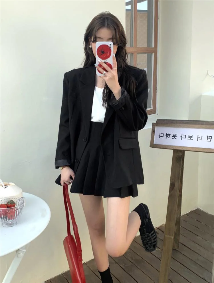 Korean Fashion Solid Two-piece Skirt Set Women Single Breasted Blazer Coat + Pleated Mini Skirt Autumn Office Lady Casual Suits