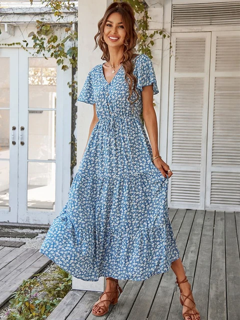 Dames Vintage Lange Gebloemde Zomer Losse Casual Button Bohemian Strand Jurk Katoen Afdrukken Jurken Robe Vrouwelijke _ - AliExpress Mobile