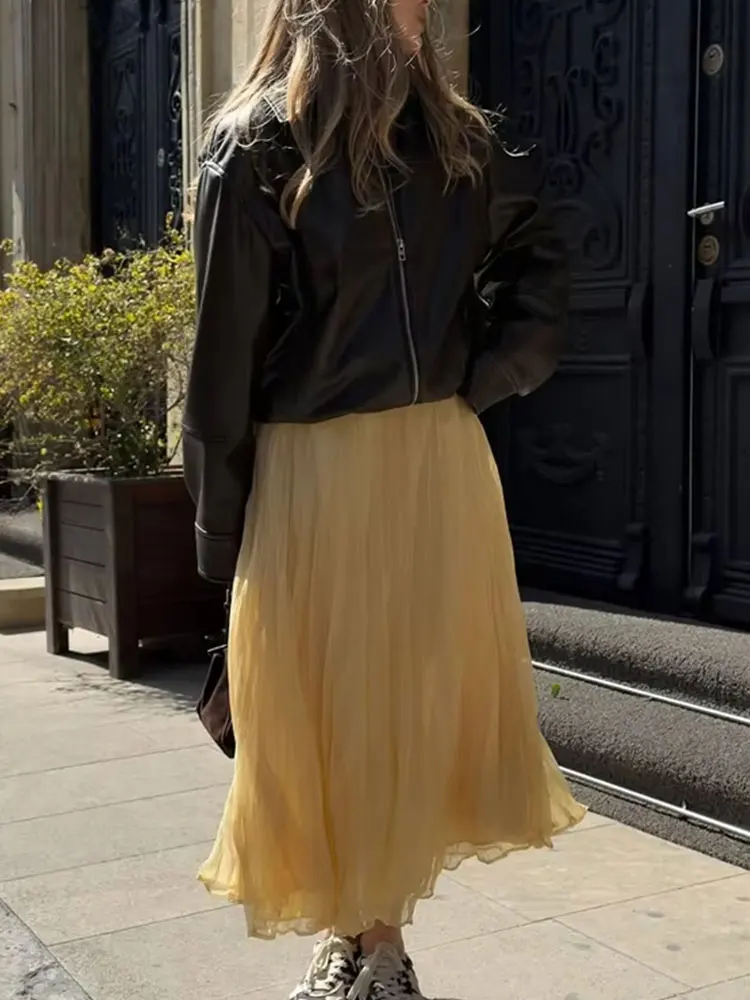 HH Women Elegant Yellow Pleated Long Skirts Elastic Waist Loose Casual High Waist Skirt Female A-Line Solid Tulle Skirt