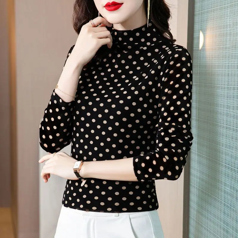 

Women's Fashion Printed Long Sleeve Thick Tops Autumn Winter Fleece Vintage Half High Collar Pullovers T-shirt Female Clothing