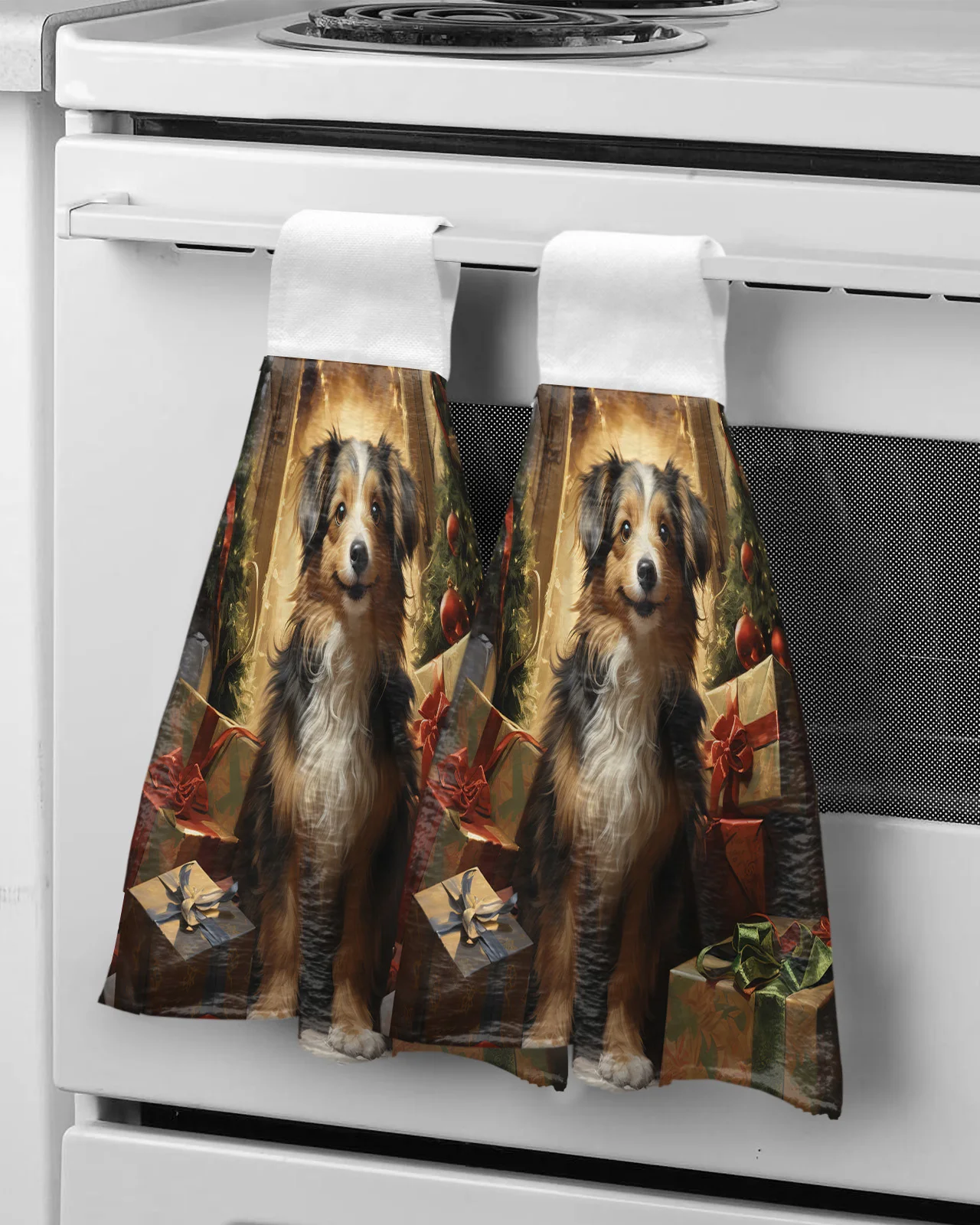 

Christmas Oil Painting Dog Hand Towels Microfiber Hanging Cloth Quick Dry Cleaning Cloth Xmas Kitchen Towel
