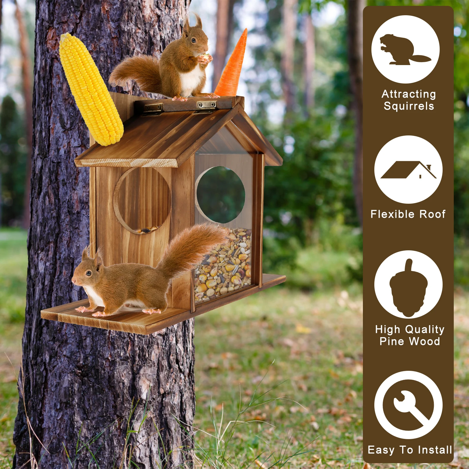 Wooden Squirrel Feeder Bird Feeder Outdoor Garden Creative Pet Dining Table with Roof Squirrel Feeding Stations for Corn Peanuts