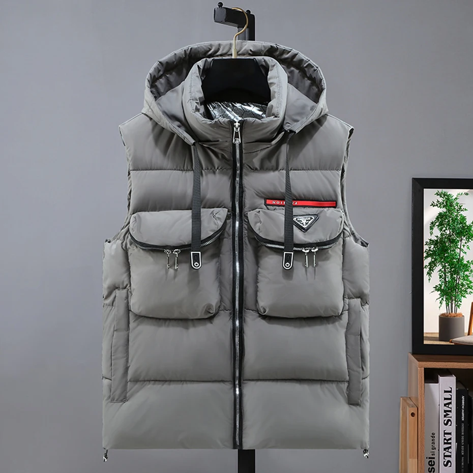 Men Winter Vest Padded Hooded Waistcoat Black Gray Loose Casual Thicken Warm Down Vests Tops 3