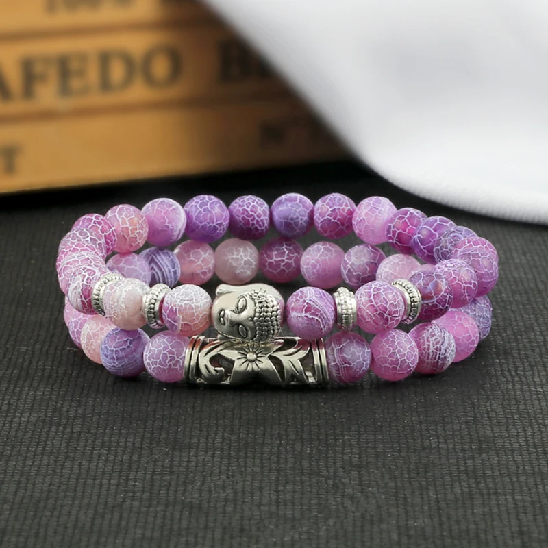 Stone Bead Bracelet 2pcs/set Buddha Head Natural Tiger Eye Lava Stone for Women Men