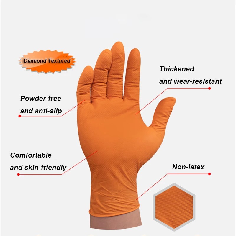 Heavy Duty Diamond Textured Nitrile Gloves 100PCS 10mil Thickened Black/Orange Disposable Glove for Mechanics Tattoo Safety Work 3