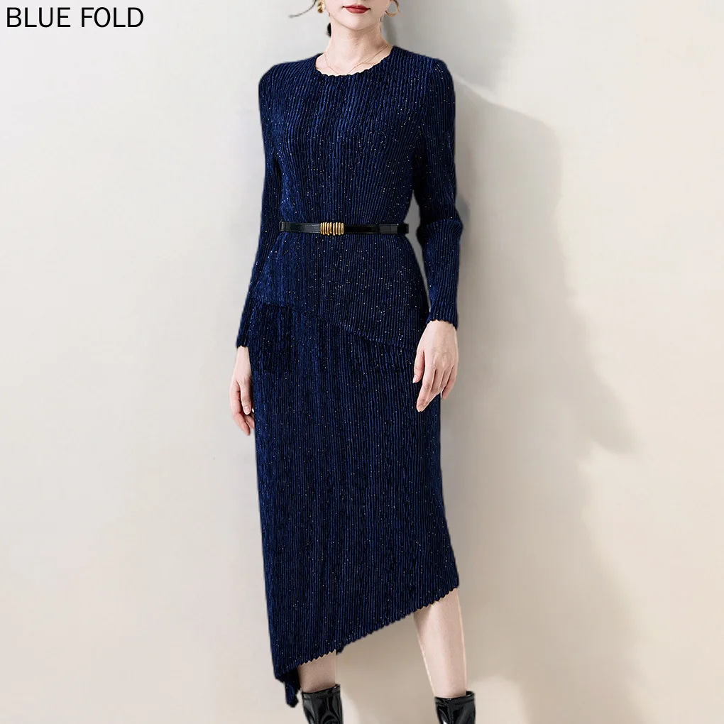 

MIYAKE New Pleated Temperament Fashion Suit Slimming Velvet Top and Skirt Two-piece Set for Women PLEATS Skirt Sets Elegant