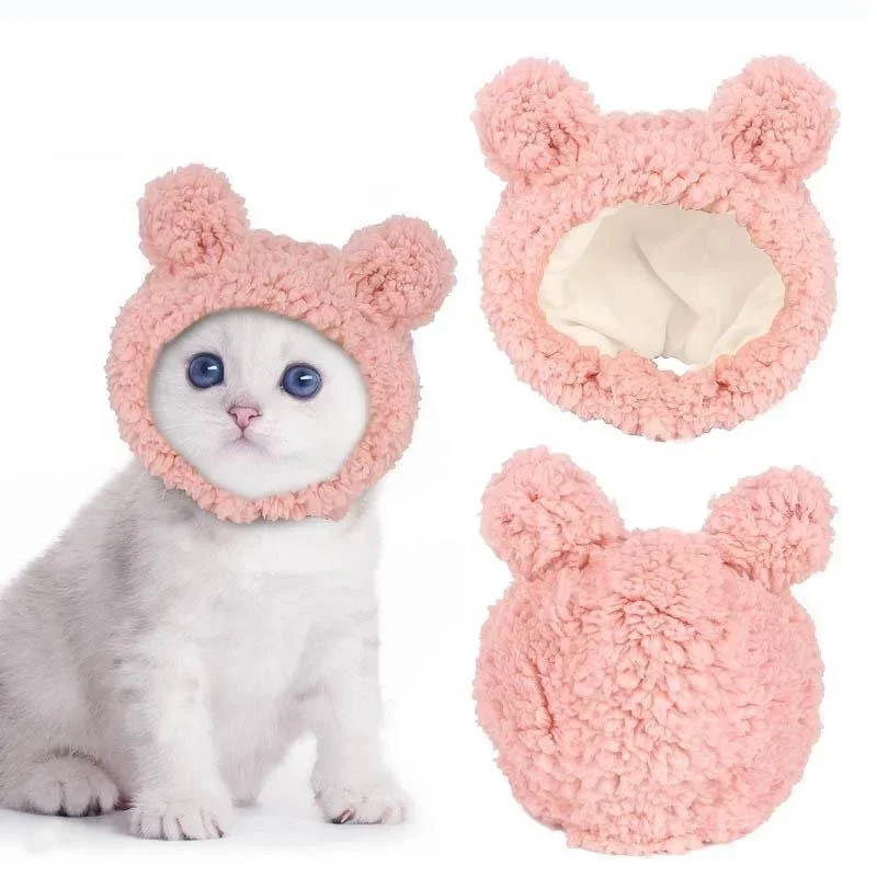 XS-L Size Soft Fluffy Pet Dog Hat Solid Pink Warm Hats For Cats Autumn Winter Bear Pet Head Accessories Cosplay Kitten Supplies