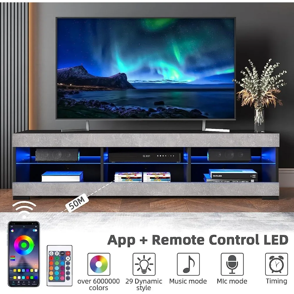 LED TV stand, gray black TV stand with LED lights, TV media console with glass frame 2
