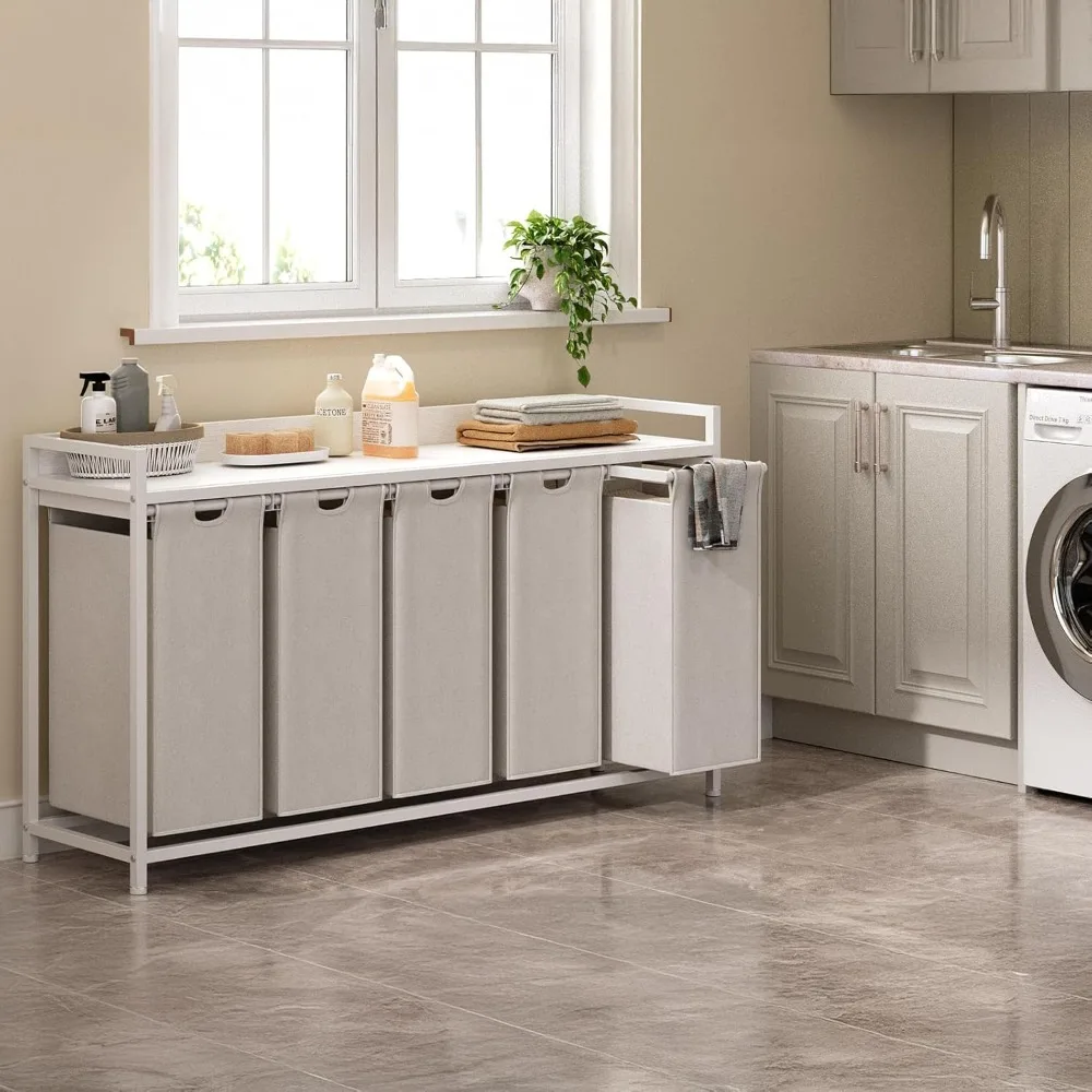 Laundry Hamper with Shelf, Laundry Basket 5 Section, Sorter with Pull-Out Removable Large Bags and Movable Wheels