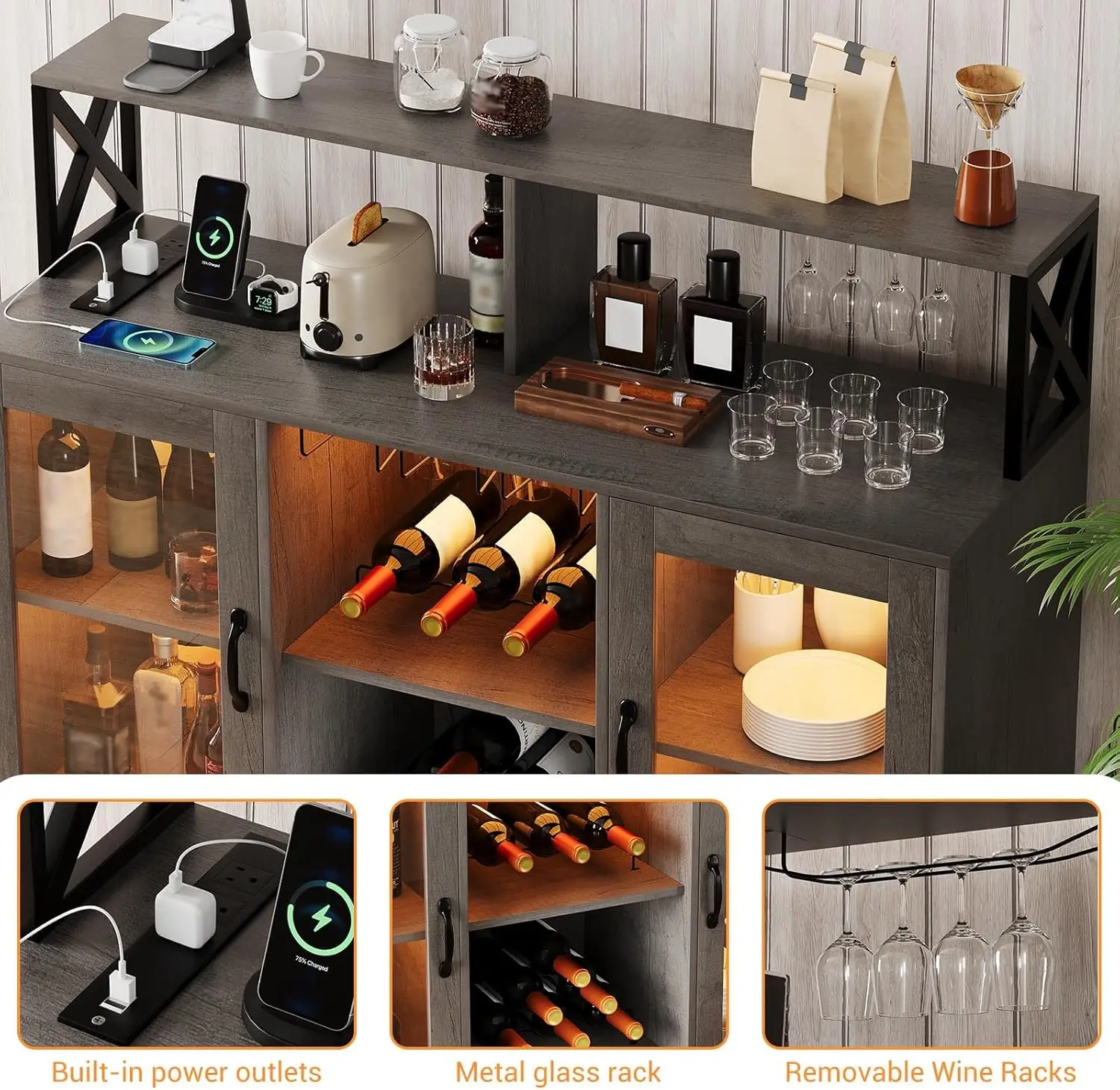 Bar Cabinet with Storage Shelves, Kitchen Sideboard Buffet Cabinet with LED Lights,Liquor Wine Rack & Goblet Holder