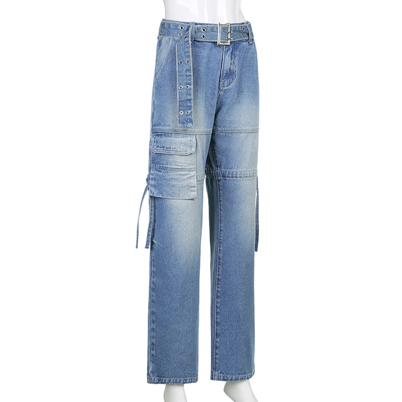 topshop jeans JMPRS Y2K Blue Jeans Retro Sashes Denim Pants Ruched Drawstring Cargo Pants Female Big Pockets Trousers Ladies Streetwear Jean wide leg jeans