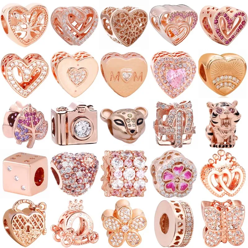 

925 Sterling Silver Rose Gold Butterfly Camera Heart Dice Tiger Daisy Flower Charm Bead Fit Europe Bracelet Jewelry Diy Gift