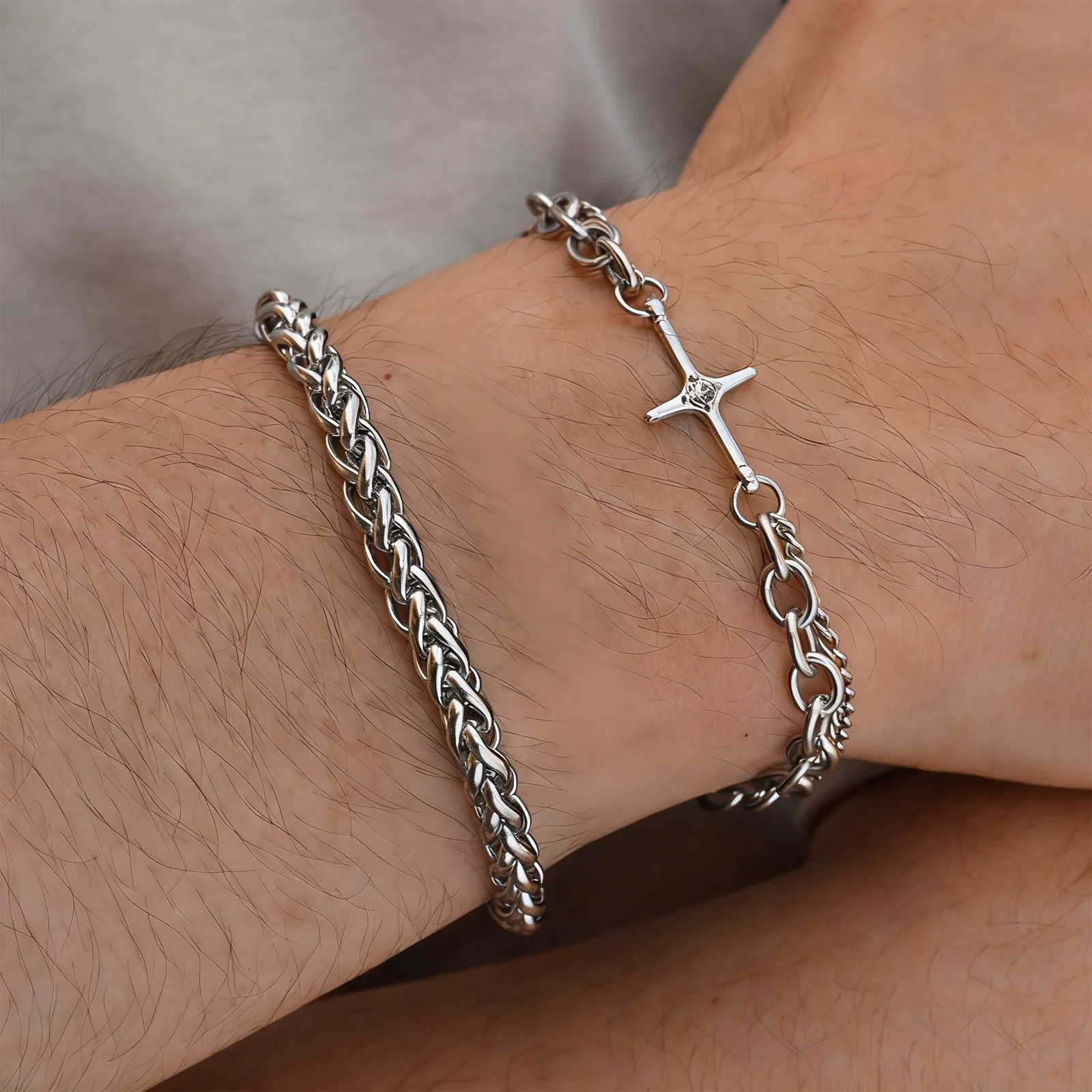 2pcs Hip Hop Bracelet for Men Boys,Four-point Star Stacked Chain Link Wristband,Trendy Jewelry Gift