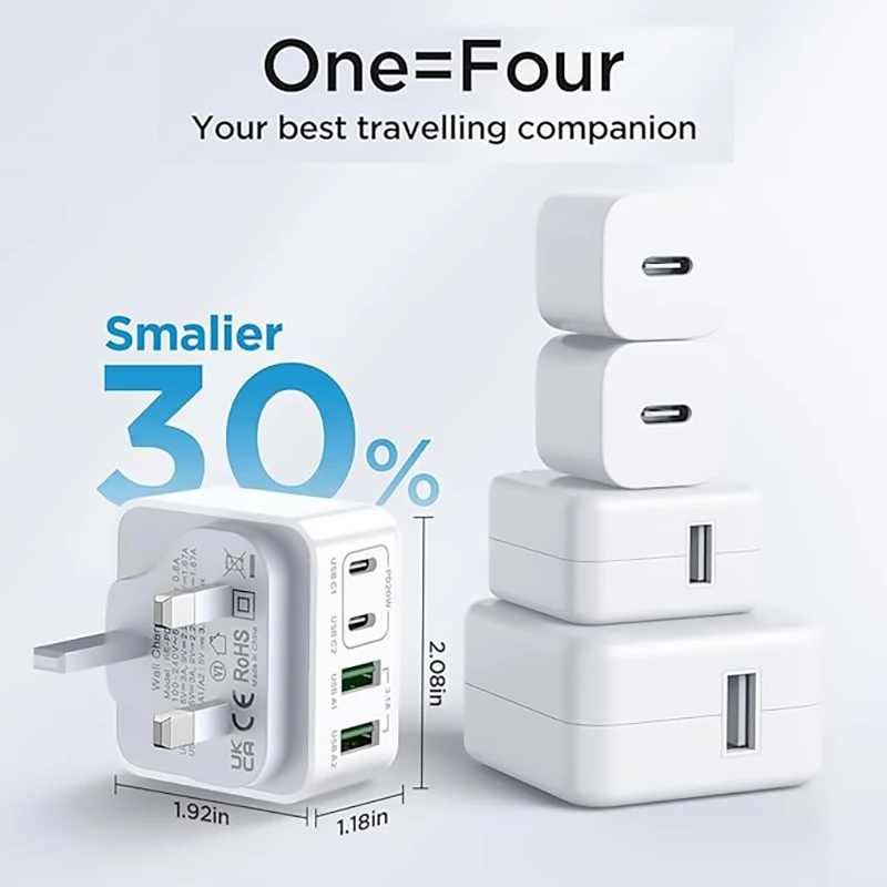 40W UK Plug 4-Port Fast USB-C+USB-A Charger Dual Port PD Power Adapter Wall Charger For iPhone 16 15 14 13 12 11 Pro Max 1pc, charger power adapter,charging adapter cable kit